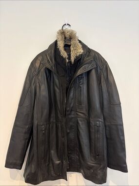 Kenneth Cole Reaction Black Leather Peacoat with Faux Fur Trim
